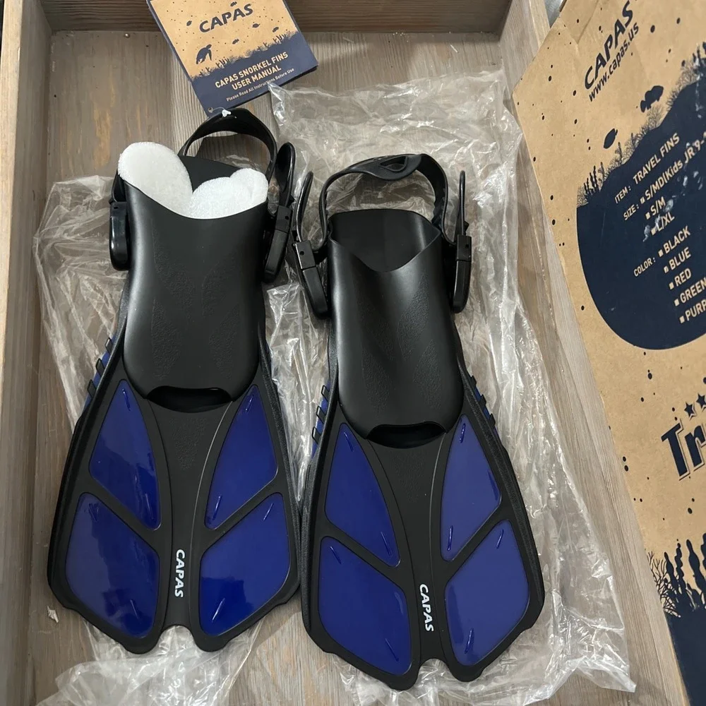 CAPAS Snorkel Fins Swim Fins Travel Size Short Adjustable for Snorkel S/M blue‎